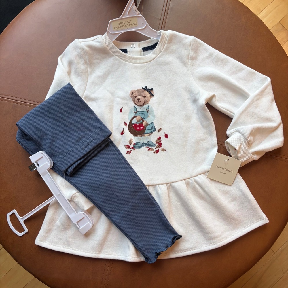 Cynthia Rowley Girls 5T 3pc Set Apple Bear Peplum Top Ribbed Leggings Plush Toy